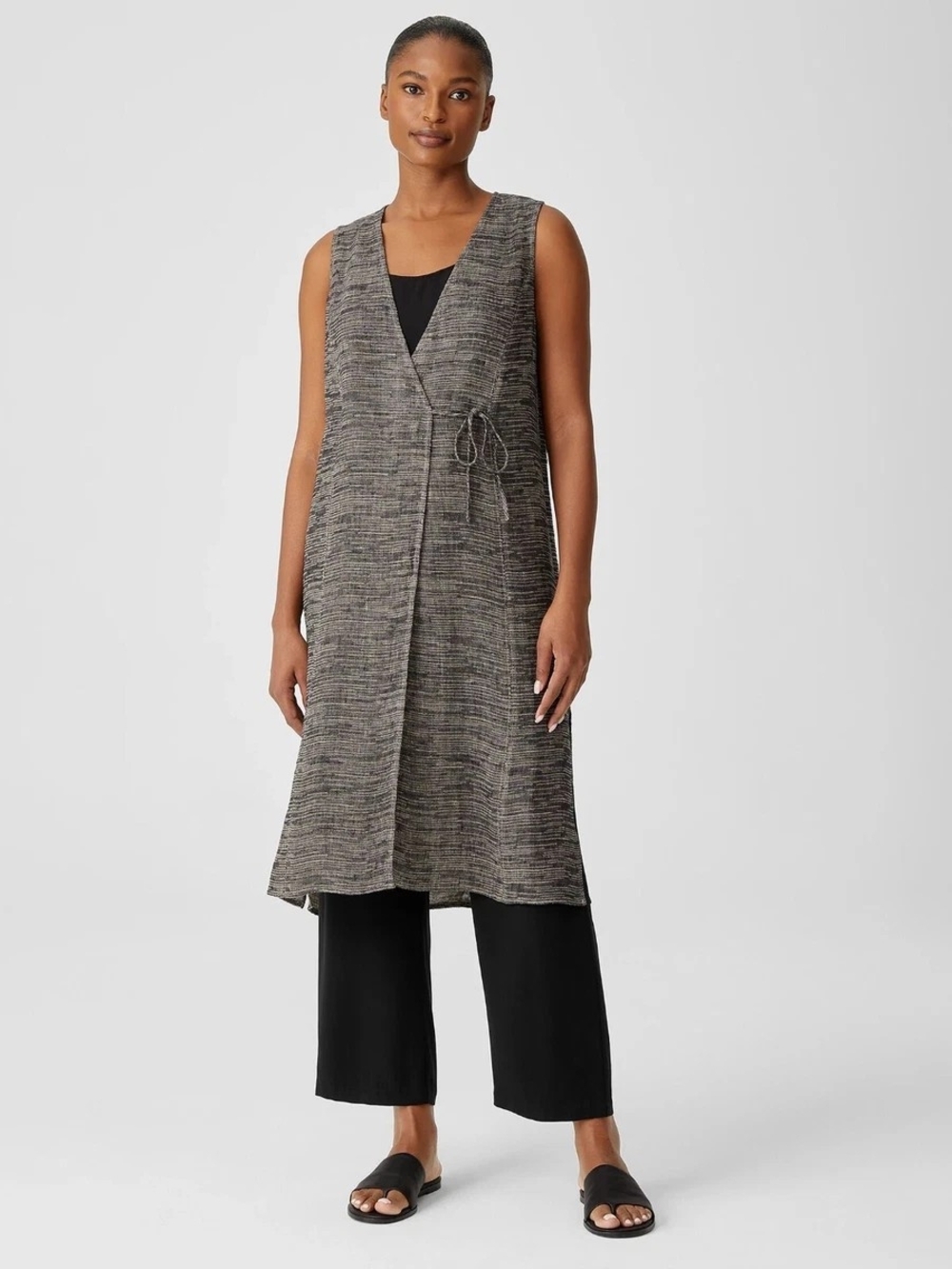 Eileen Fisher Gray Textured Sleeveless Long Vest